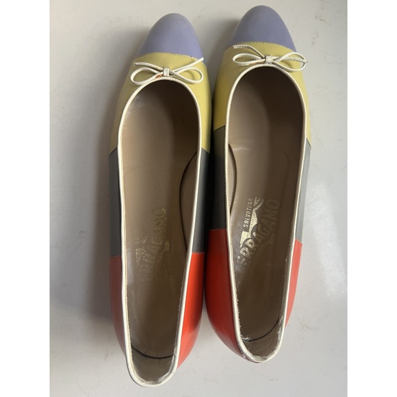 Ferragamo Multicolored Purple Green Gray Red Color Block Bow Ballet Flats WM 7.5 - Picture 7 of 10